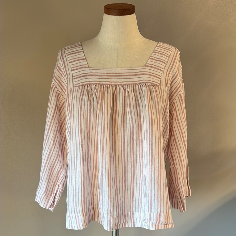 Rachel Zoe oversized Small linen Blouse with 3/4 Sleeves square neck pink stripe